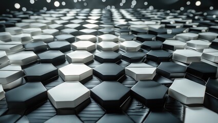 Obraz premium Abstract geometric pattern of interlocking black and white hexagonal tiles on a flat surface with a subtle gradient background and soft lighting.