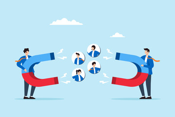 Flat illustration businessman fight against magnet to win talented candidate in recruitment war