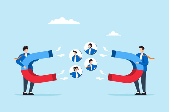 Flat illustration businessman fight against magnet to win talented candidate in recruitment war