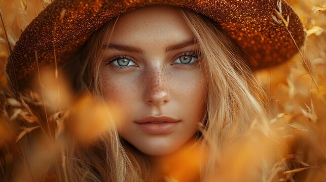 Beautiful young woman with freckles and blue eyes wearing a sun hat surrounded by golden autumn wheat field