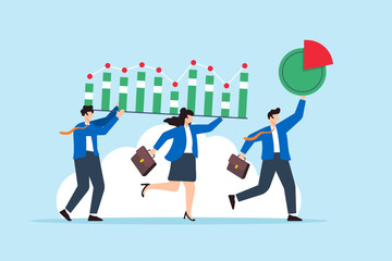Flat illustration business people carry bar graph and pie chart symbolizing data driven insight and analytic