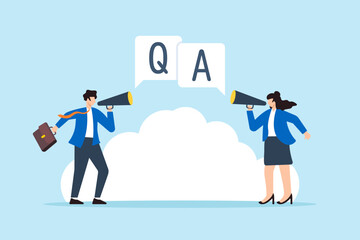 Flat illustration businessman and businesswoman shout on megaphone Q A question session speech bubble symbolizing problem solving