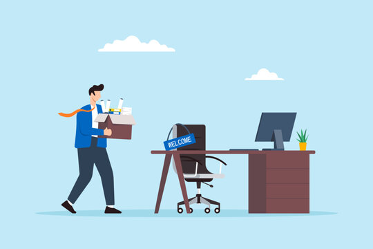 Flat illustration businessman walk to welcoming office desk hold box symbolizing starting new job