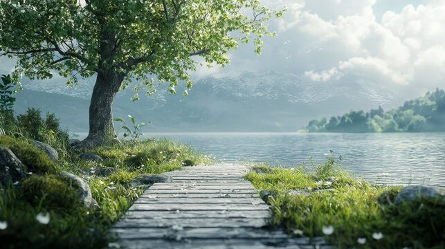 Serene lakeside scene with a lush green tree and tranquil waters under dramatic cloudy sky