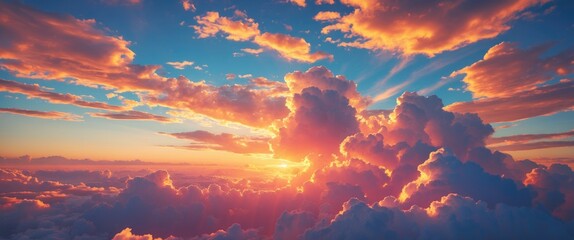 Naklejka premium Colorful sunset clouds with dynamic lighting and blue sky in the background at twilight above the horizon.