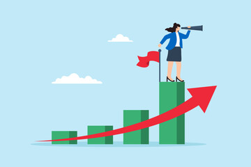 Flat illustration successful businesswoman look through telescope standing on growth chart with flag symbolizing career vision