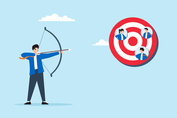 Flat illustration businessman shoot arrow at target representing people symbolizing finding right audience