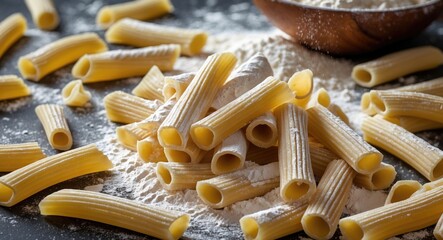 Raw pasta rigatoni and flour scattered on a dark surface with a wooden bowl in the background