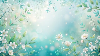Fototapeta premium Soft pastel blue gradient background with scattered few white flowers and delicate leaves in a whimsical, dreamy atmosphere , botanical illustration , nature elements