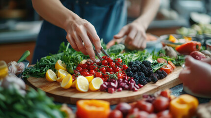 Chopping fresh fruits and vegetables on a wooden cutting board in a bright kitchen setting