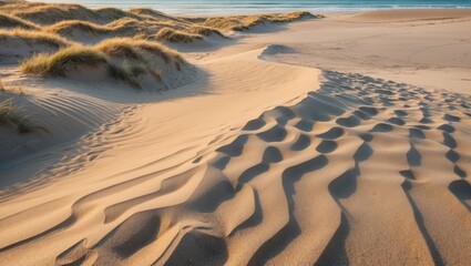 Sand dunes at the beach captured during golden hour with gentle shadows and textured patterns in the sand near the coastline.