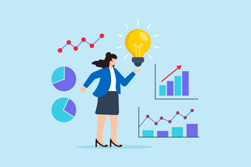 Flat illustration businesswoman present glowing lightbulb idea with charts symbolizing business strategy optimization