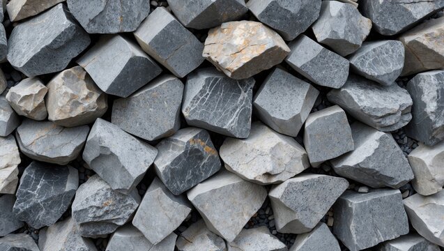 Gray rock surface composed of various sizes of angular stones in a mixed arrangement for textured backgrounds or construction materials.