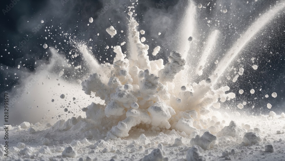 Poster dynamic explosion of white powder creating an abstract background with vibrant splatter patterns and