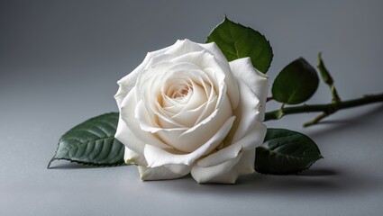 Fototapeta premium Elegantly arranged white rose on a soft gray background featuring lush green leaves enhancing the delicate beauty of the flower.