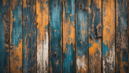 Obraz premium Weathered wooden texture with vibrant blue and orange paint peeling, showcasing rustic charm and abstract grunge for design backgrounds.