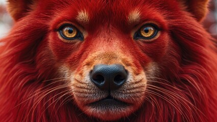 Naklejka premium Close-up portrait of a vibrant red Pomeranian dog with striking yellow eyes, focused expression and detailed fur texture.
