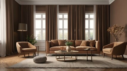 Fototapeta premium Living room interior in brown mocha mousse 2025 color with brown armchair and decor- 3D rendering.