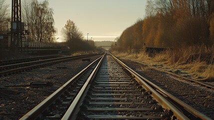 Naklejka premium Railway tracks in rural area at sunset