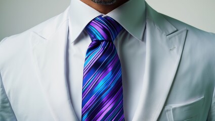 Elegant necktie with vibrant stripes styled against a classic white suit, perfect for fashion and business attire concepts.
