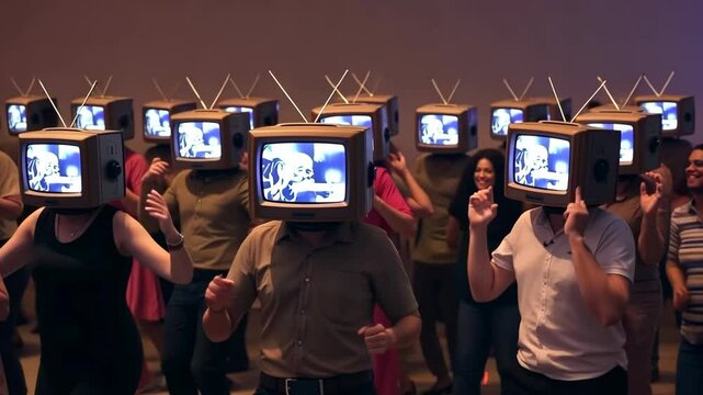 Group of People with TV Heads Dancing at a Party in Surreal Concept

