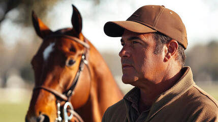 Trainer and horse stand together in sunlit equestrian field during a calm afternoon