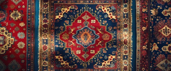 Aerial view of intricate traditional carpet craftsmanship showcasing vibrant colors and detailed patterns in textile art