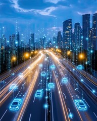 Future city AI-driven governance A futuristic cityscape with illuminated cars and digital elements showcasing smart transportation and urban design.