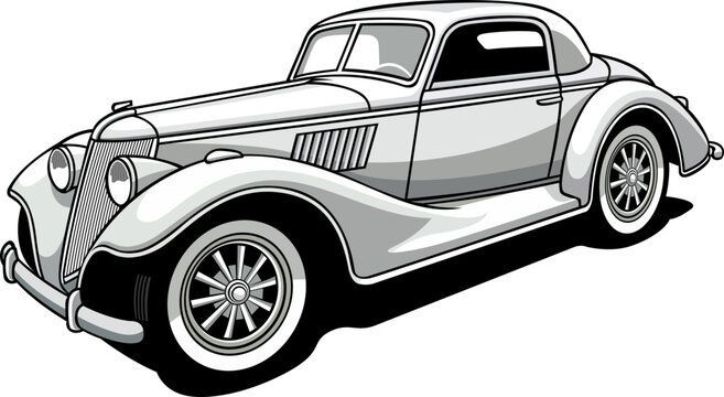black and white old model car hand drawn vector image with PNG Transparent background