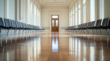 A legislative hall with minimalistic white walls and polished floors. Featuring simplicity and elegance