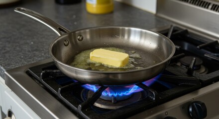 Butter melting in a stainless steel pan on a gas stovetop burner