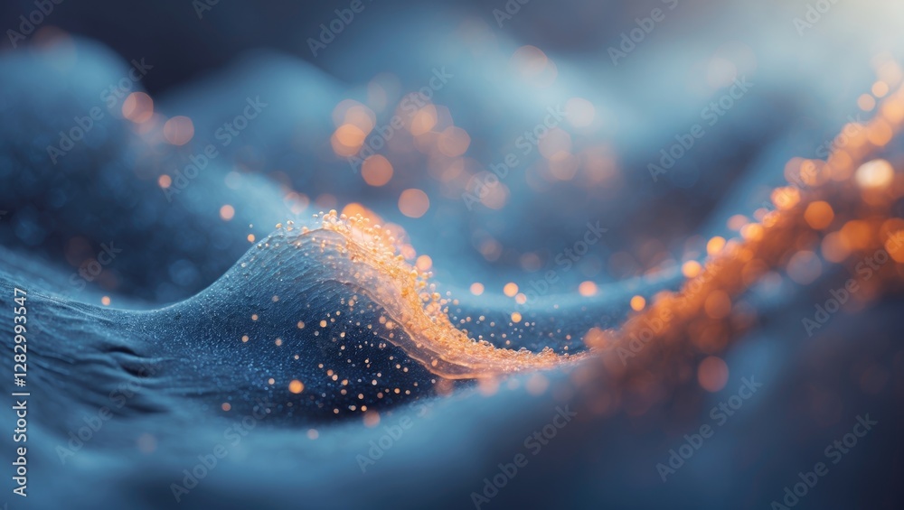 Poster soft abstract waves in a blurred background with glowing particles creating a dreamy and serene atmo