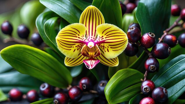 Vibrant yellow orchid with red patterns amidst lush green leaves and dark berries creating a stunning natural color harmony.