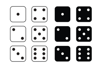 Game dice Icon with side of cube from one to six number. Set of black icon sided for gamble. Dot on cube of casino