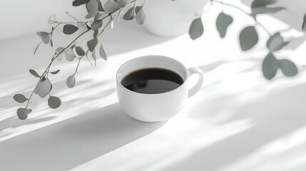 A white coffee cup with a dark liquid in it sits on a table