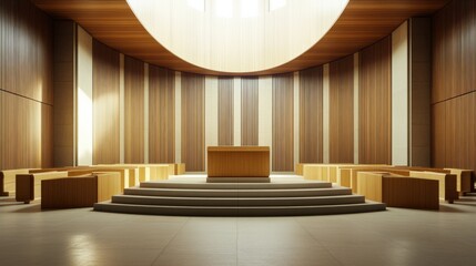 A legislative hall with modern acoustic design and a large podium. Featuring engagement and focus
