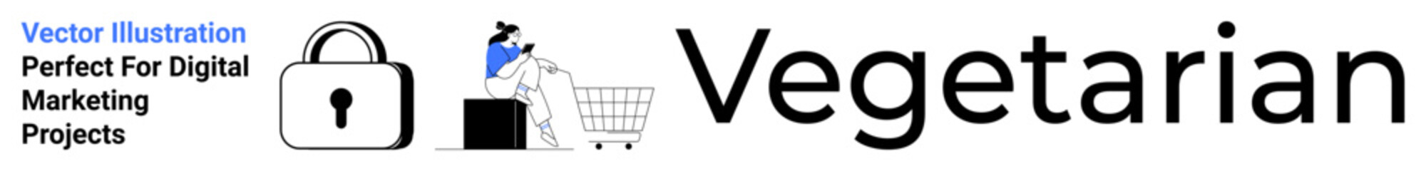 Shopping cart with bags, padlock symbolizing security, and text emphasizing vegetarian concept. Ideal for online shopping, health, security, food habits, branding, marketing eco-consciousness flat