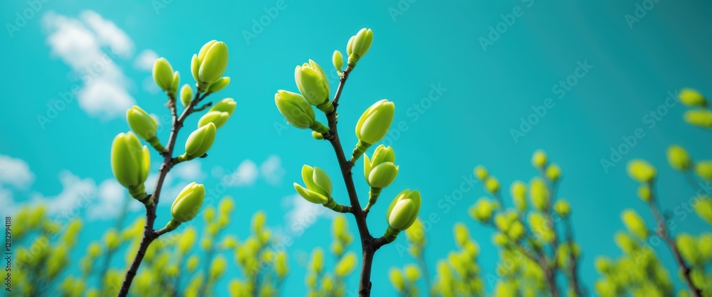 Poster spring buds on branches against a bright turquoise sky with soft clouds in the background nature growth renewal concept