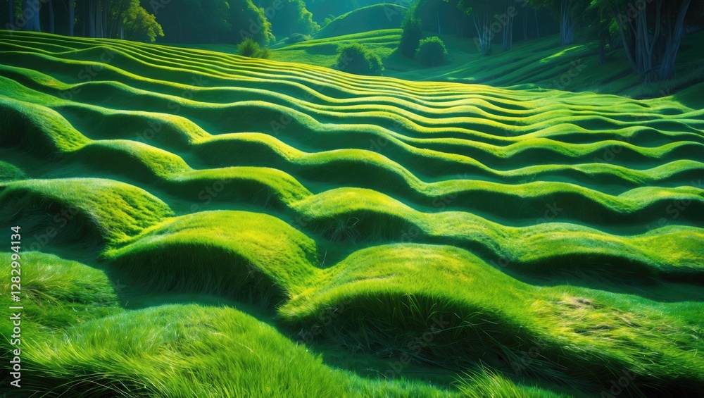 Poster Lush green rolling hills with wave-like patterns in grass under soft natural lighting during daytime