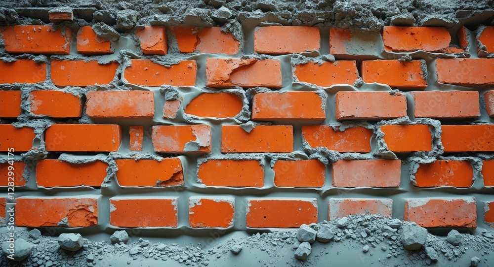 Poster red brick wall with mortar and rubble texture in close-up view showing damaged and uneven surface an