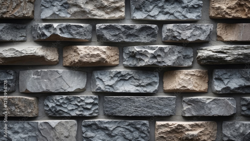 Poster textured wall of natural stone bricks in various shades of gray and beige arranged in a pattern for 