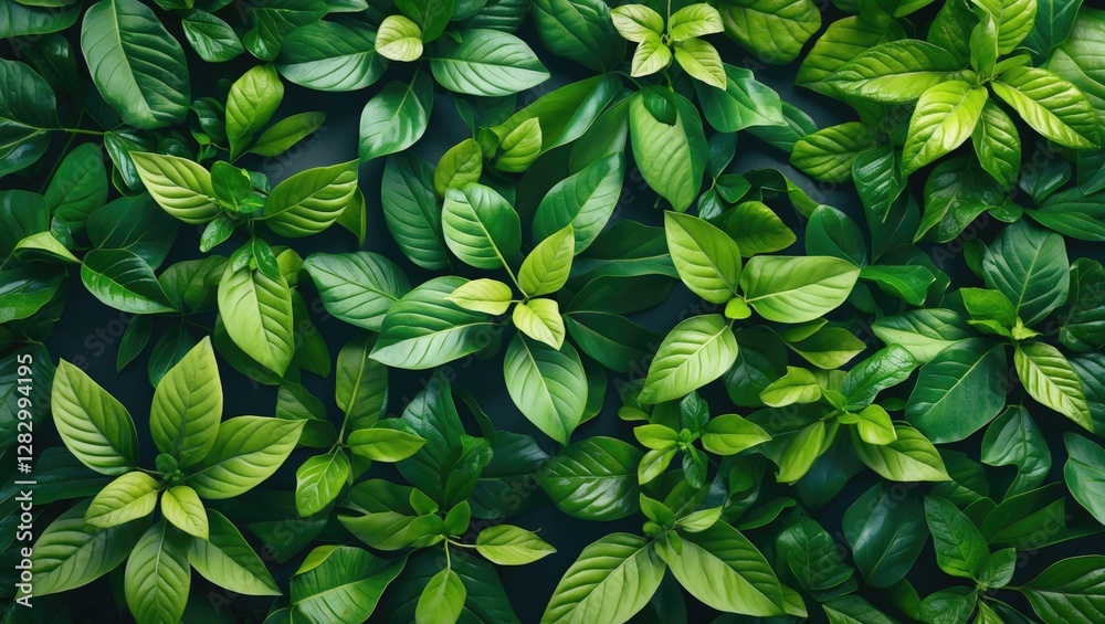 Poster green foliage background with various types of leaves in different shades of green arranged in a den