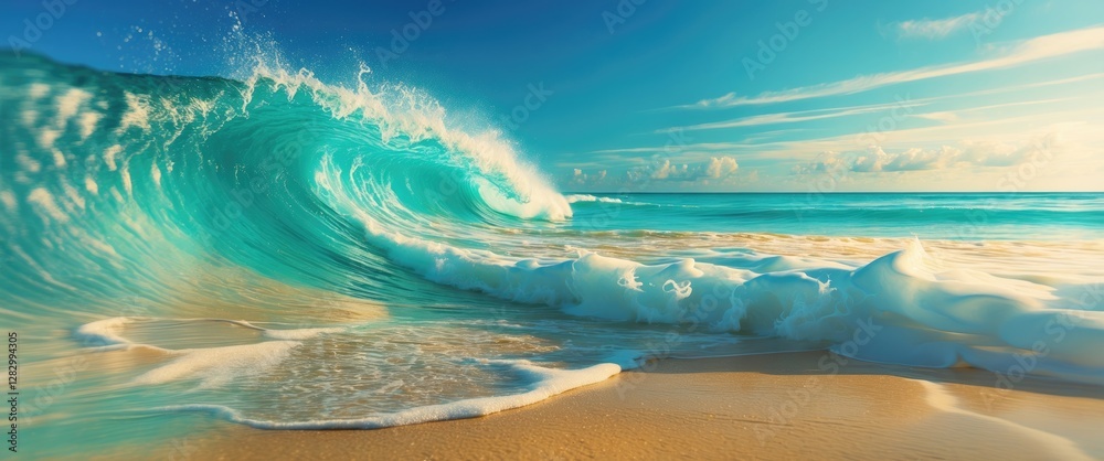 Poster ocean wave crashing on sandy beach with clear blue sky and soft clouds in the background during dayt