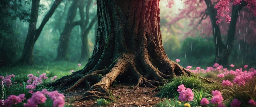 Poster large tree trunk with extensive roots surrounded by pink flowers in a misty forest environment