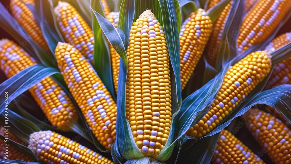 Poster close-up of fresh yellow corn on the cobs with green leaves arranged in a vibrant display on a blurr