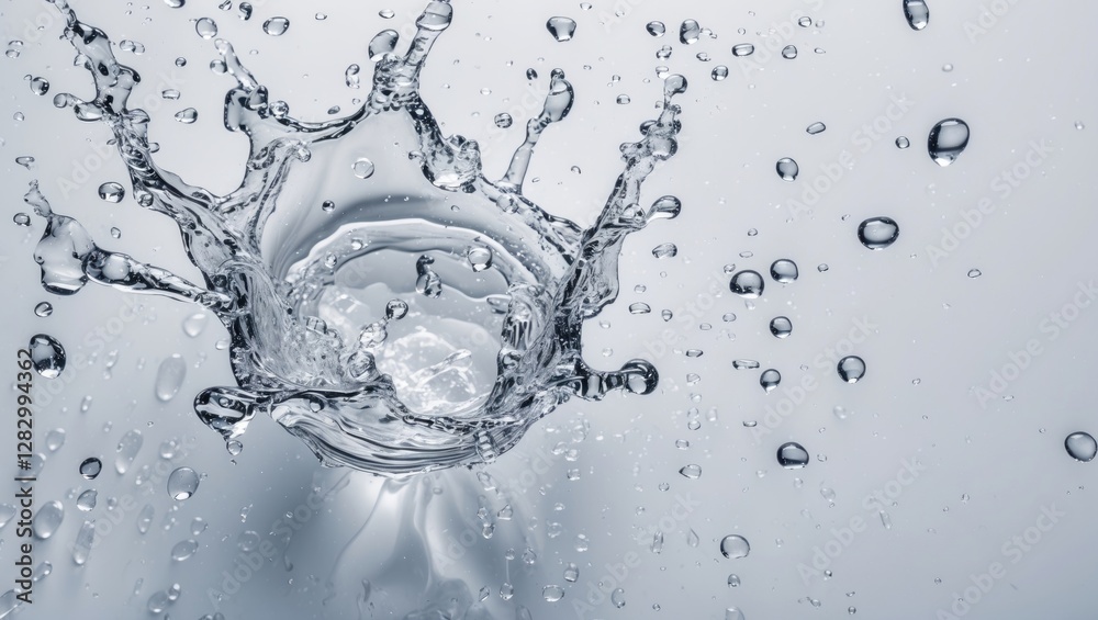 Poster Water splash with droplets on gray background capturing motion and texture of liquid dynamics in high resolution photography.