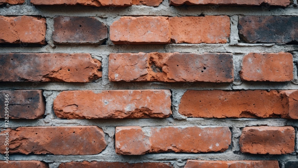 Poster close-up view of weathered red brick wall with irregular textures and mortar joints in between brick