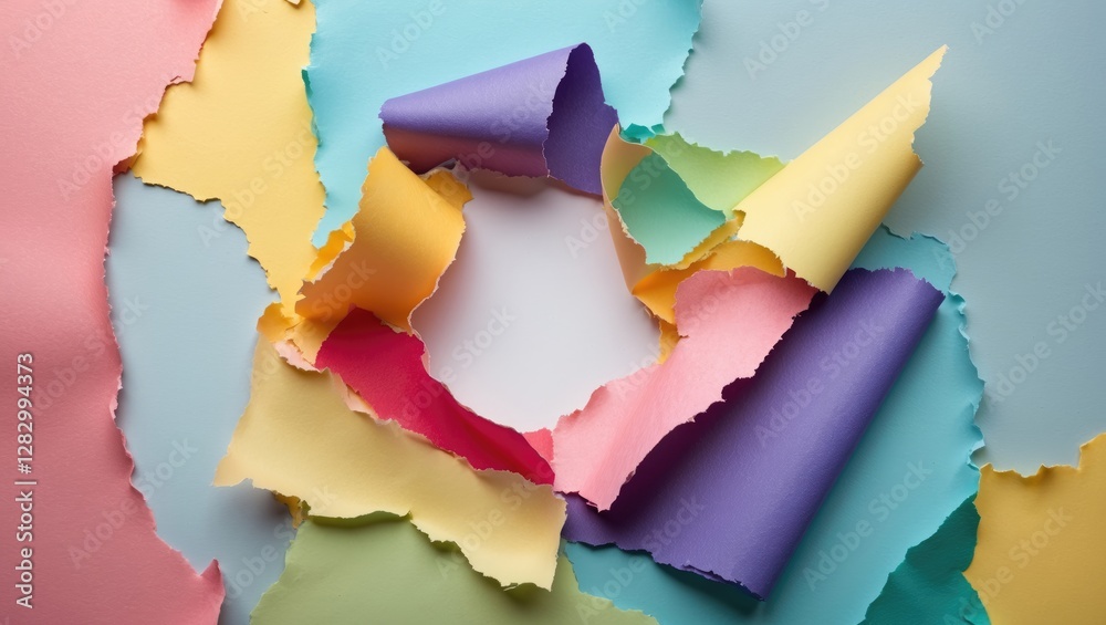 Poster torn colorful paper background with layered pieces in various pastel shades creating a textured design element