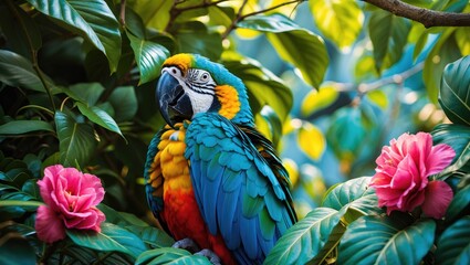 Colorful parrot perched among lush foliage and vibrant flowers in a tropical garden setting. Perfect for nature and wildlife themes.