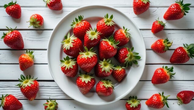 Fresh ripe strawberries arranged on a white plate with additional strawberries scattered on a rustic wooden surface